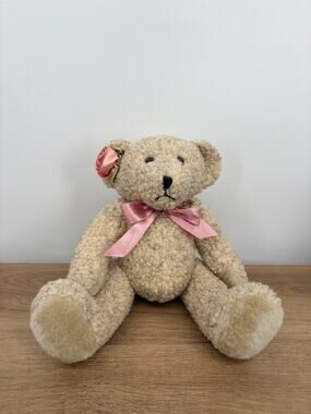 Vintage 90s Pacifix Teddy Bear - Shaggy Boucle Plush with Pink Rose & Bow